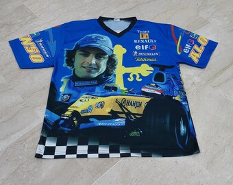 Rare Vintage F1 Shirt | Renault F1 Team Fernando Alonso | Overprint Tee - Blue & Yellow Renault F1 Team , Size L