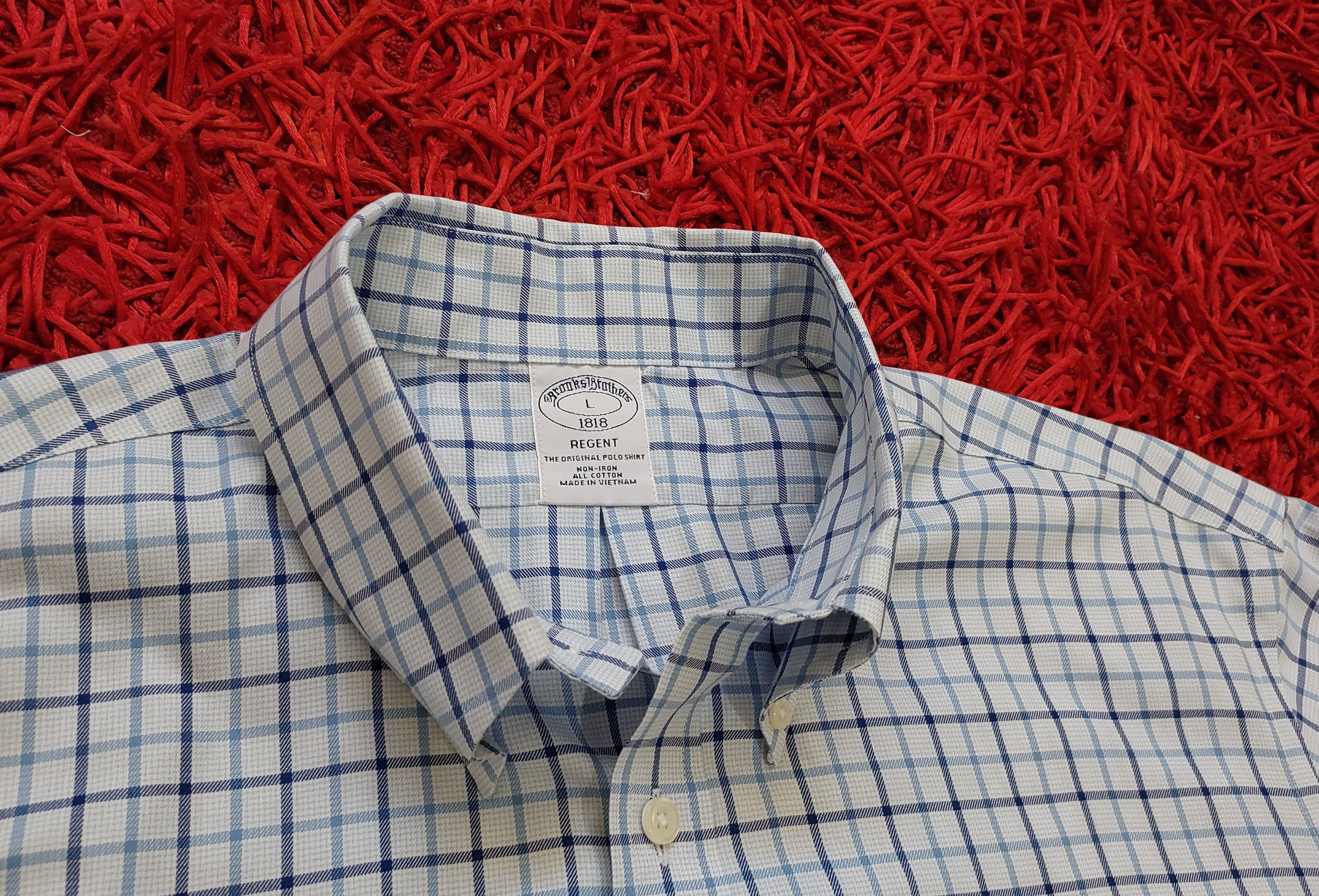 Chemise Habillée Brooks Brothers 1818 REGENT - Taille 17-6/7 - Bleu à Carreaux - Poignets Mousquetaires