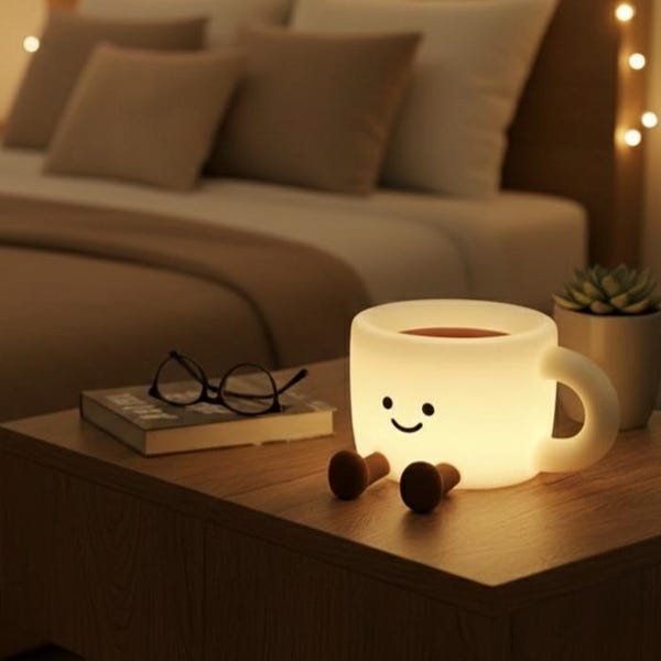 Luminária noturna fofa em formato de xícara de café com sensor de toque, opções de luz branca quente e colorida. Ideal para mesa de cabeceira.
