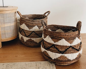 Panier ovale Lospalos, panier à motif noir et blanc naturel, paniers tissés à la main pour le rangement, couvertures et jouets, Boho Chic, porte-plantes