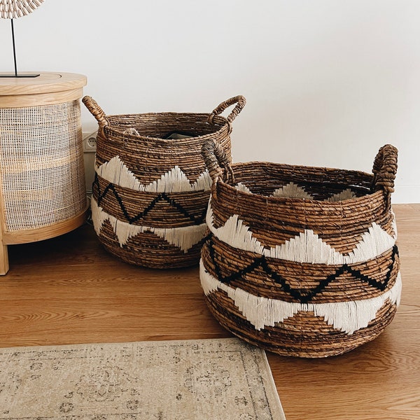 Lospalos Oval Basket, Natural Black and White Pattern Basket, Handwoven Baskets for Storage, Blankets and Toys, Boho Chic, Plant Holders