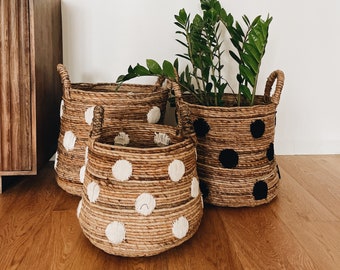 Cesta Balong con patrón de puntos blancos o negros, cesta de almacenamiento Boho, cestas tejidas a mano para mantas y juguetes, Boho Chic, cesta de lunares