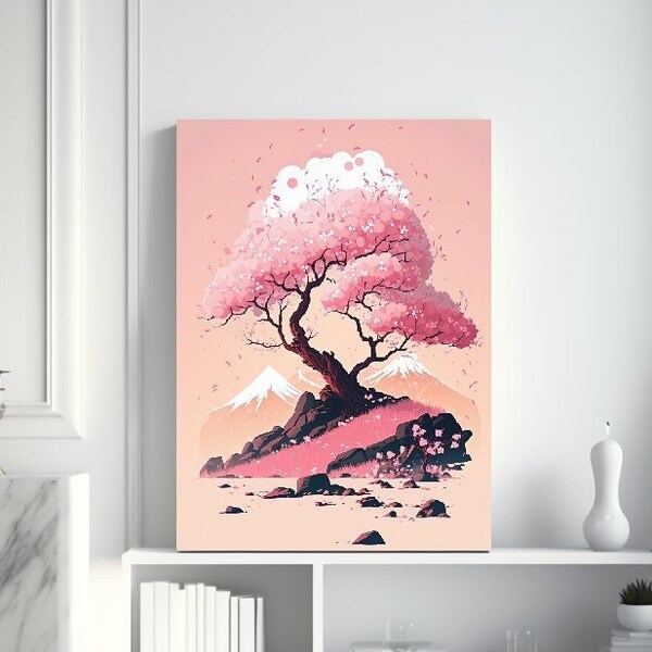 Sakura Tree, Pink, Japanese Landscape, Mountains, Art Painting, Wall Art, Printable, Digital Print, Digital Download, Home Decor, Printable