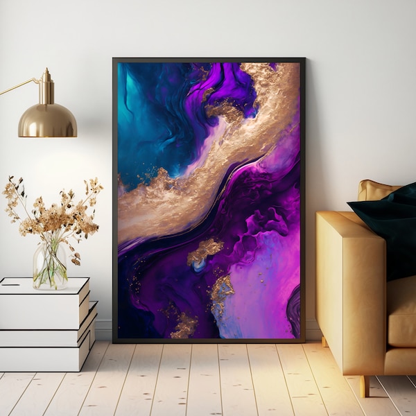 Abstract art, Purple and Gold, Blue and Gold, Fluid, Art Painting, Wall Art, Printable, Abstract Painting, Digital Print, Digital Download