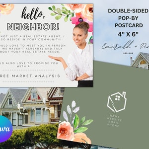 OLÁ VIZINHO Floral 4x6 Cartão Postal PopBy Gift Tag Canva Personalizado Digital Download Instantâneo Pop-By Marketing Imobiliário Agricultura Pop Por Modelo