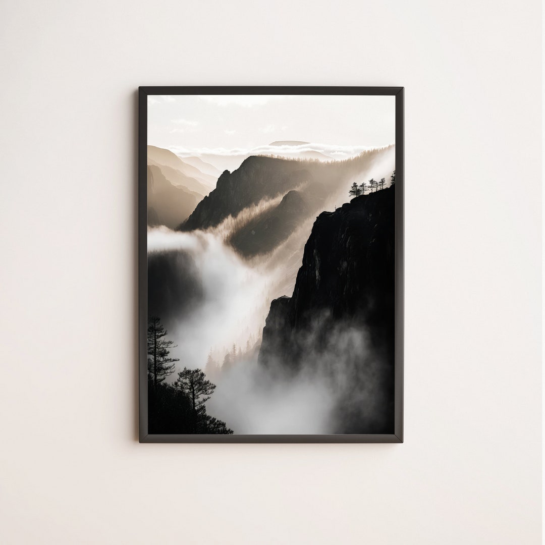 Printable Misty Mountain Range Wall Art, Black and White Mountain ...
