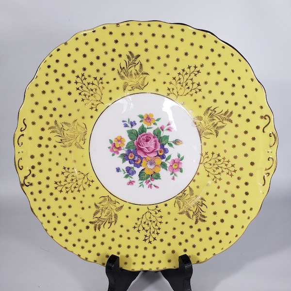 Clearance Center Colclough Yellow with Gold Gilt Wheat and Floral Patterned Fine Bone China 9.5" Cake Dish