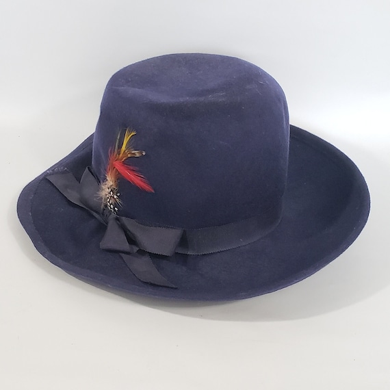 Vintage Henry Pollak Glenover Blue Wool Womens Hat Bucket Feather