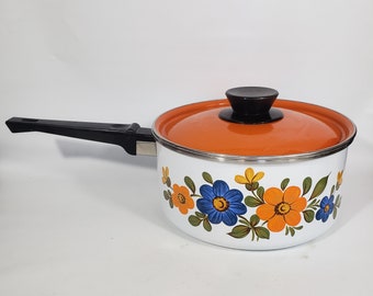 Orange Floral Enamel Saucepan