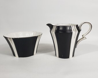 Royal Albert Black and White Stripes, Art Deco Crown China, sugar and creamer