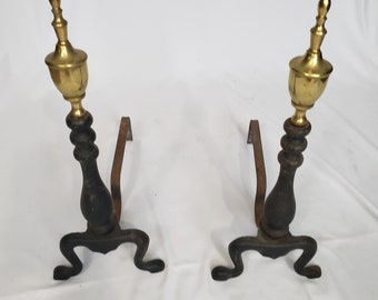 half brass and cast iron fire dog fireplace andirons