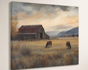 Puede incluir: Una pintura de paisaje representa un granero desgastado con un tejado rojo oxidado, sobre un fondo de cielo nublado. Dos caballos marrones pastan en un campo de hierba seca. La obra evoca tranquilidad rural.