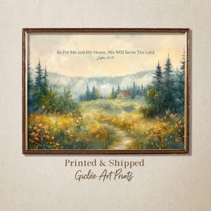 Christian Wall Art Print Bible Verse Joshua 24:15 As For Me and My House, Vintage Style Landscape Painting, Religious Housewarming Gift