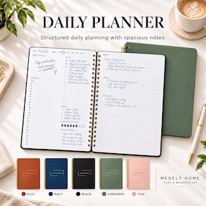 May include: A daily planner with a spiral binding, featuring a white interior page with sections for a schedule, to-do list, meals, and notes. The text reads DAILY PLANNER and Structured daily planning with spacious notes. Five additional planners in rust, navy, black, evergreen, and pink are shown below.