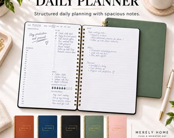 May include: A spiral-bound daily planner with a dark green cover, open to show a page with a schedule, to-do list, and notes. Below are five additional planners in rust, navy, black, evergreen, and pink, each with gold-tone spiral binding.