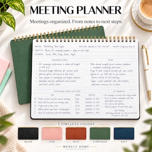 May include: A spiral-bound meeting planner with a dark green cover. The open page features sections for meeting details, discussion topics, notes, action items, and key takeaways. Below, five color options are shown: black, pink, rust, evergreen, and navy.
