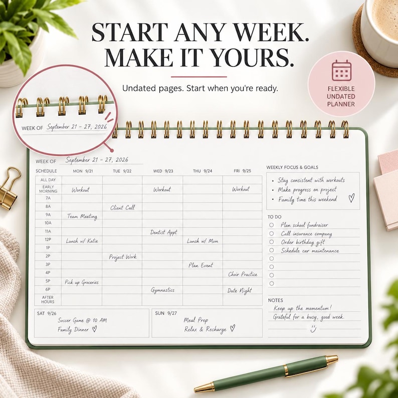 May include: An undated spiral-bound planner with a weekly schedule layout. The text reads: START ANY WEEK. MAKE IT YOURS. Undated pages. Start when you're ready. FLEXIBLE UNDATED PLANNER. The planner shows a sample schedule for September 21-27, 2026.