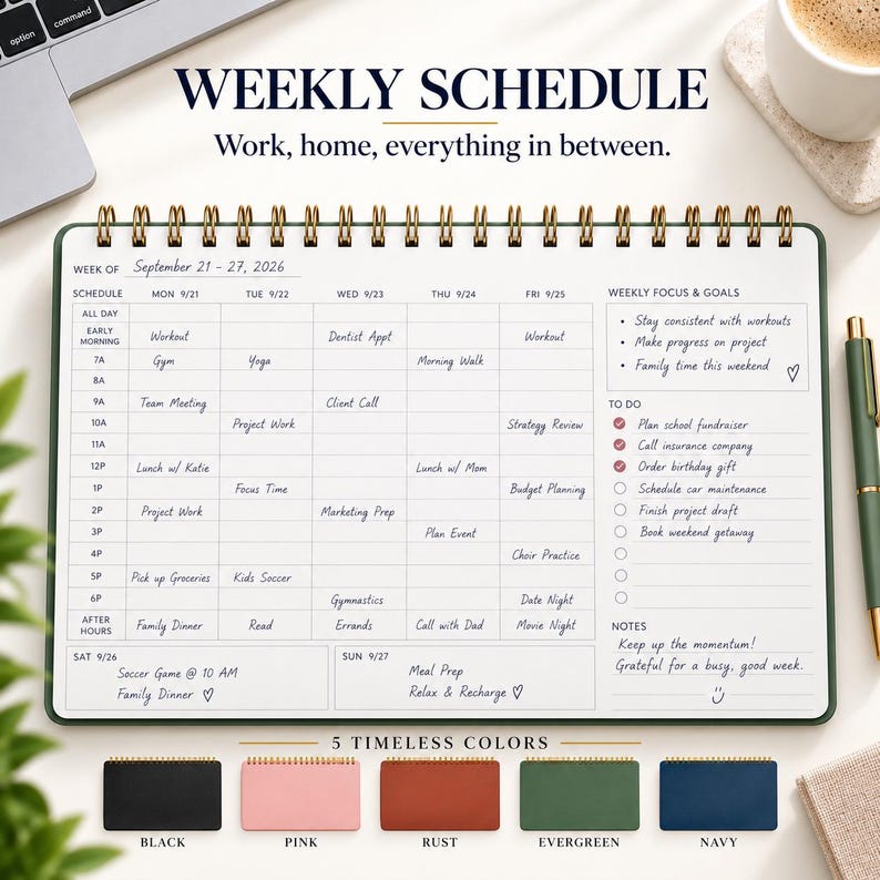 May include: A spiral-bound weekly schedule planner with a white interior featuring a grid for daily tasks, a weekly focus section, and a to-do list. The cover is available in five colors: black, pink, rust, evergreen, and navy. The planner displays text including WEEKLY SCHEDULE and Work, home, everything in between.