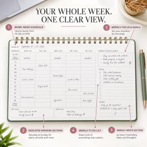 May include: A spiral-bound weekly planner with a white page featuring a grid schedule for Monday through Friday, a dedicated weekend section, a weekly focus and goals list, a to-do list, and a notes section. The text reads YOUR WHOLE WEEK. ONE CLEAR VIEW.