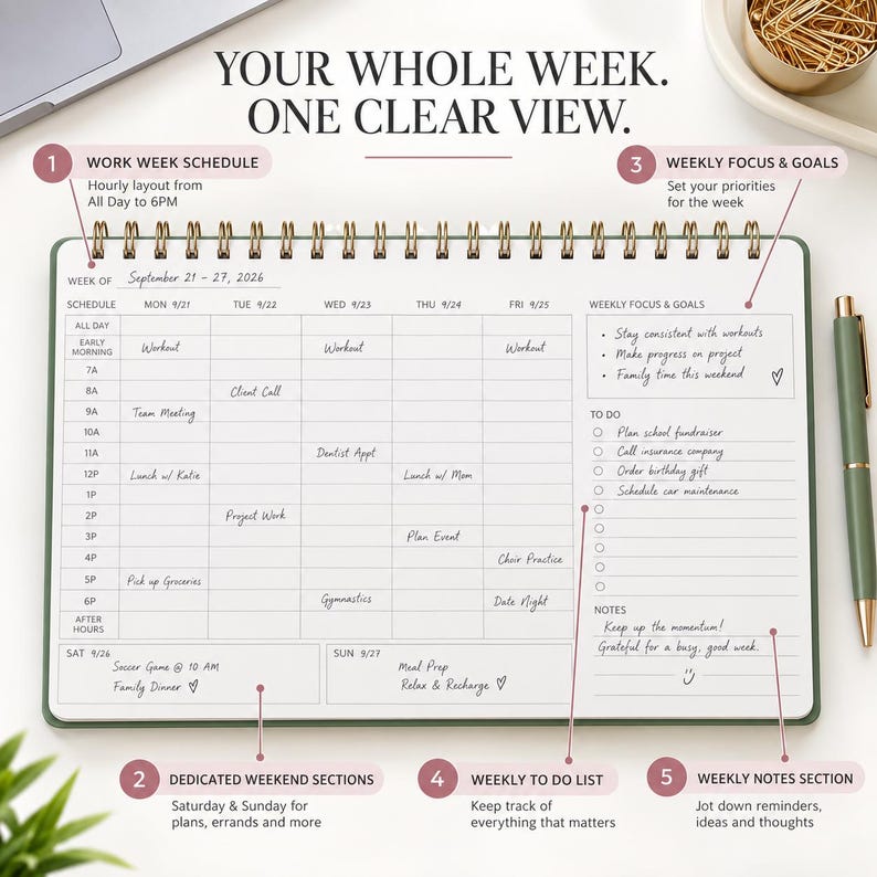 May include: A spiral-bound weekly planner with a white page featuring a grid schedule for Monday through Friday, a dedicated weekend section, a weekly focus and goals list, a to-do list, and a notes section. The text reads YOUR WHOLE WEEK. ONE CLEAR VIEW.