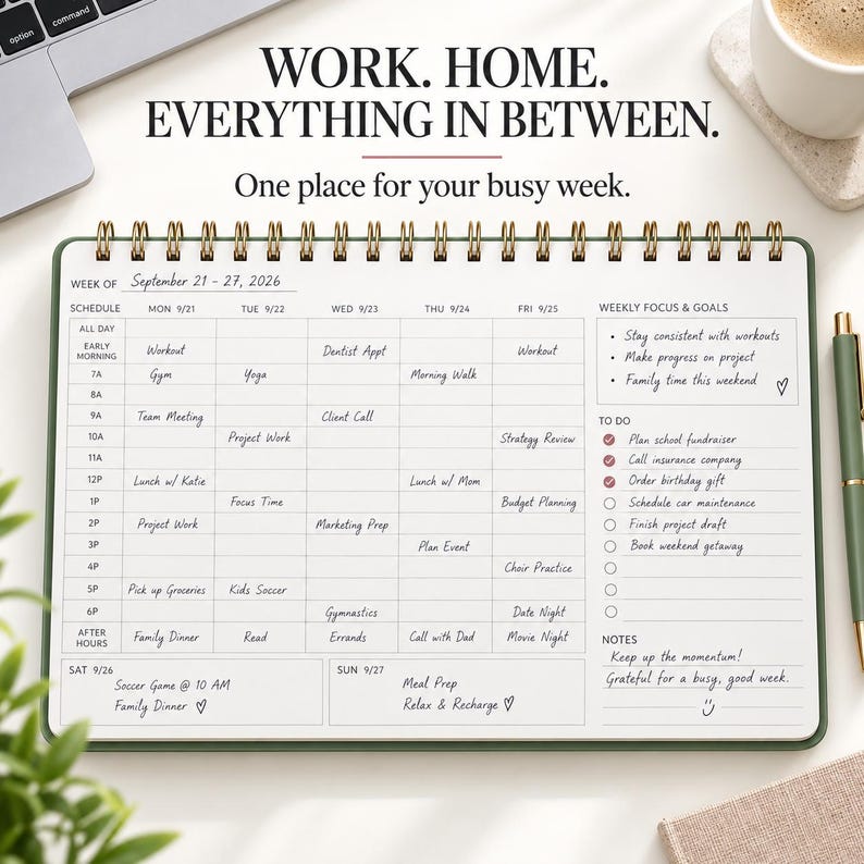 May include: A spiral-bound weekly planner with a dark green cover, featuring a printed schedule for September 21-27, 2026. The layout includes columns for each day, a weekly focus section, a to-do list with checkboxes, and a notes area.