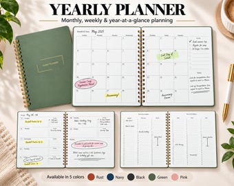 May include: A green spiral-bound yearly planner with gold wire binding. The cover features the text YEARLY PLANNER. Inside pages show monthly, weekly, and year-at-a-glance layouts with handwritten notes, checklists, and colorful highlighter marks.