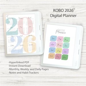 Puede incluir: Dos lectores electrónicos Kobo blancos que muestran páginas de planificador digital. Uno muestra un calendario de 2026 con meses en colores pastel, el otro un diseño mensual. El texto de la imagen dice "KOBO 2026 Digital Planner."