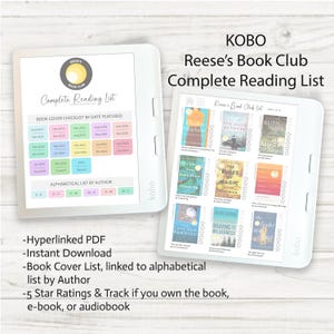 Puede incluir: Dos lectores electrónicos Kobo blancos que muestran la "Lista de lectura completa del club de lectura de Reese". Uno muestra una lista de verificación por fecha, el otro portadas de libros. El texto incluye "PDF con hipervínculos", "Descarga instantánea" y "5 estrellas".