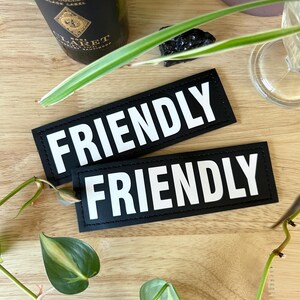 May include: Two black patches with white text that reads "FRIENDLY". The patches are on a wooden surface with a green plant.