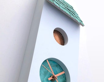 Greek Style House - Handmade Contemporary Verdigris Patina Copper Pendulum Wall Clock. A unique crafted clock.