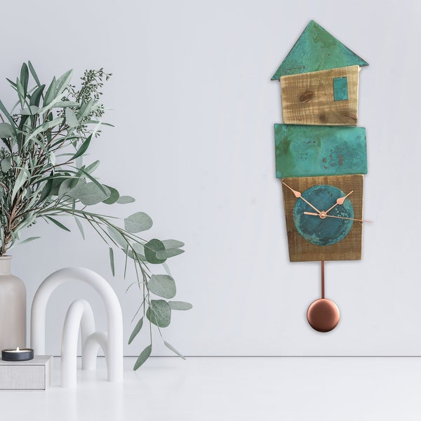 Handmade Blue/Green Copper & Wood Patina Pendulum Wall Clock