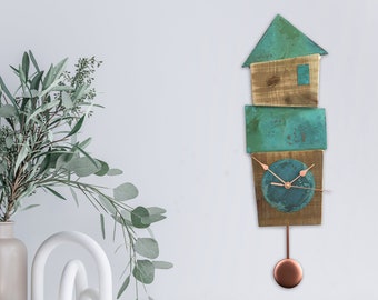 Handmade Blue/Green Copper & Wood Patina Pendulum Wall Clock