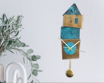 Handmade Turquoise Verdigris Copper & Wood Patina Pendulum Wall Clock.