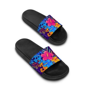 Women&#39;s U.S. Virgin Islands Hibiscus Slide Sandals - Hibiscus Print Print Straps on Black Soles