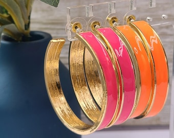 Boho Hippie Retro 70's 80's Neon Metal Gold Tone Hoop Earrings