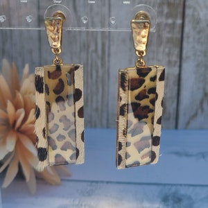 Boho Rectangle Bar Resin Leopard Cheetah Print Statement Safari Theme Dangle Earrings