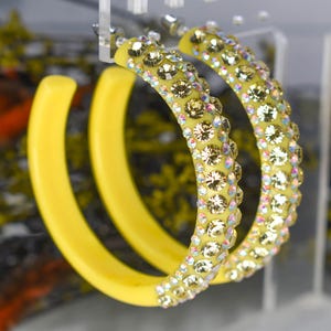 Solid Yellow 5 Row Bling Statement Acrylic Lucite Yellow/AB Rhinestones 2.5" Women's Hoop Earrings Pageant Weddings Night Out