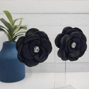 Boho Extra Large Satin Goth Emo Black Fabric Black Flower with Rhinestone Accent Stud Earrings Gift for Women