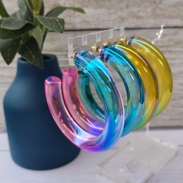 Boho Statement Iridescent Film Coating Chunky Lucite Translucent Ombre Hoop Earrings