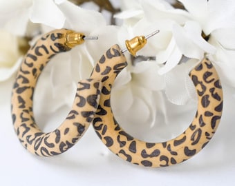 Boho Leopard Print Lightweight Wood Small Hoop Earrings Safari Theme Fashion Stylish