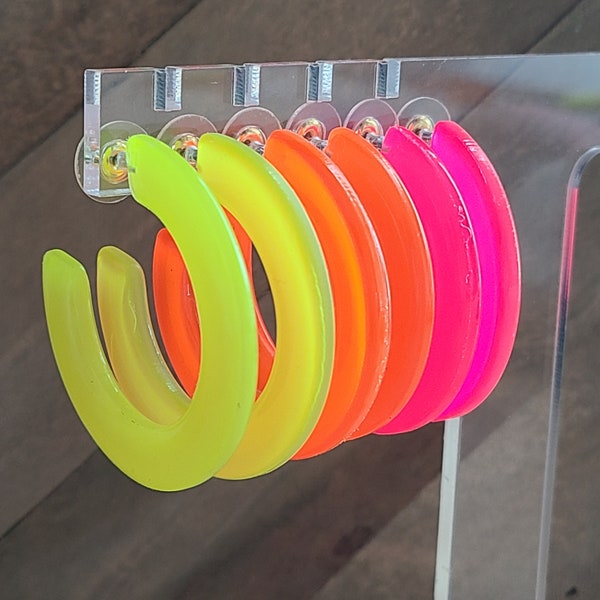 1.75" 80's Retro Translucent Neon Pink Orange or Yellow Hoop Earrings Summer Lucite Resin Acrylic Bold Color