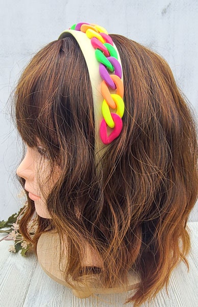 Retro Head Accessory Colorful Retro 80's Vibe Satin Wide Headband With Neon Matte Chunky ...