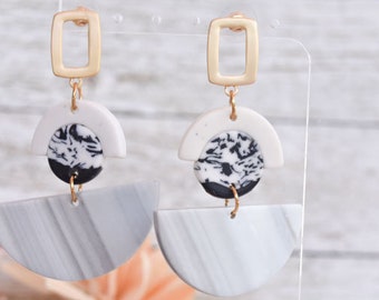 Boho Fashion Statement Handmade Polymer Clay "Betty" Dangle Drop Earrings Gifts Women Gray