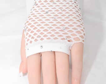 Short Fingerless Rhinestone Embellished Fishnet Gloves