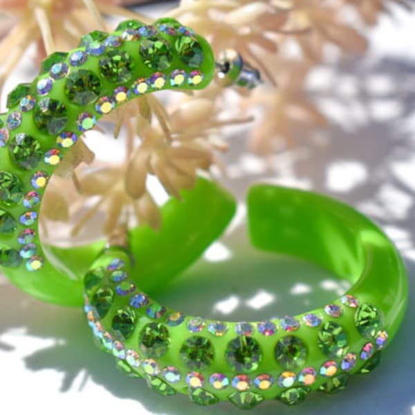 Lime Green 5 Row Bling Statement Acrylic Lucite Green/AB Rhinestones 1.5" Women's Hoop Earrings Pageant Weddings Night Out