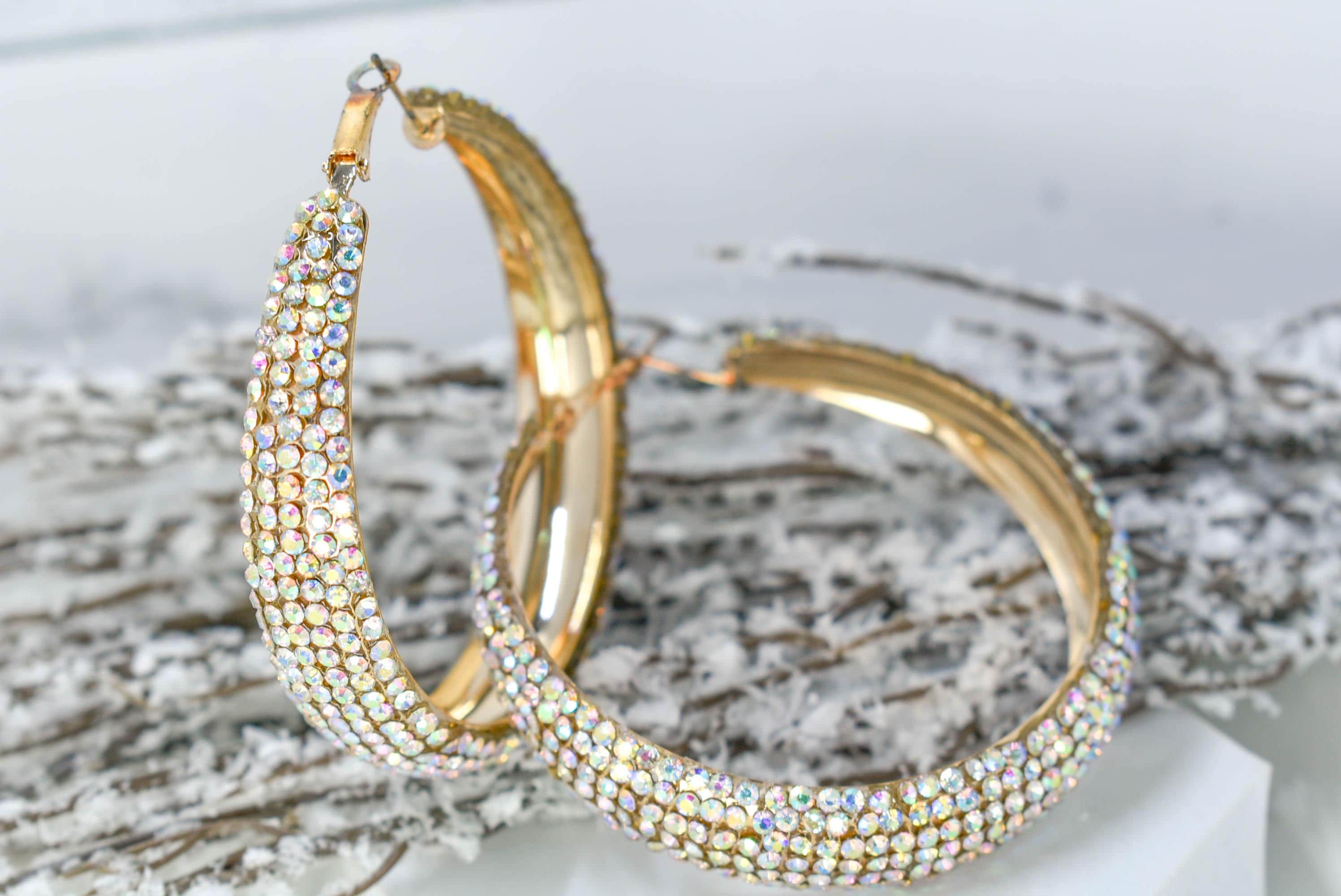 Boho Semi Wide Pave Clear Iridescent Rhinestone Gold Tone 2.25 in Hoop…
