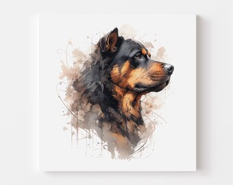 Może przedstawiać: Aquarela przedstawiająca psa rasy Rottweiler o czarnym i brązowym umaszczeniu. Pies patrzy w prawo i ma poważny wyraz twarzy. Tło jest jasnobrązowe z białymi plamami farby.