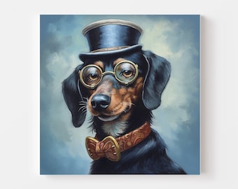 May include: A whimsical portrait of a dachshund wearing a black top hat, round gold-rimmed glasses, and a brown bow tie. The dog has black and brown fur and a decorative collar. The background is a soft, muted blue.