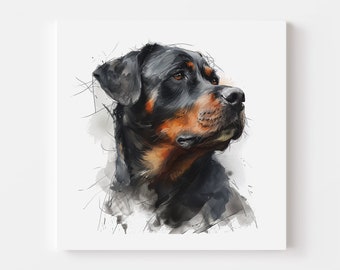 Może przedstawiać: Aquarela przedstawiająca rottweilera patrzącego w prawo. Pies ma czarne futro z brązowymi znaczeniami na twarzy i klatce piersiowej. Tło to białe płótno z rozbryzgami czarnej i szarej farby.