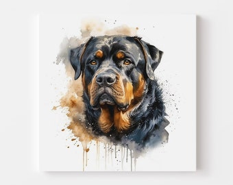 Może przedstawiać: Akwarela przedstawiająca psa rasy Rottweiler o brązowo-czarnym umaszczeniu. Pies patrzy bezpośrednio na widza z poważnym wyrazem twarzy. Tło jest jasnobrązowe z białymi plamami farby.